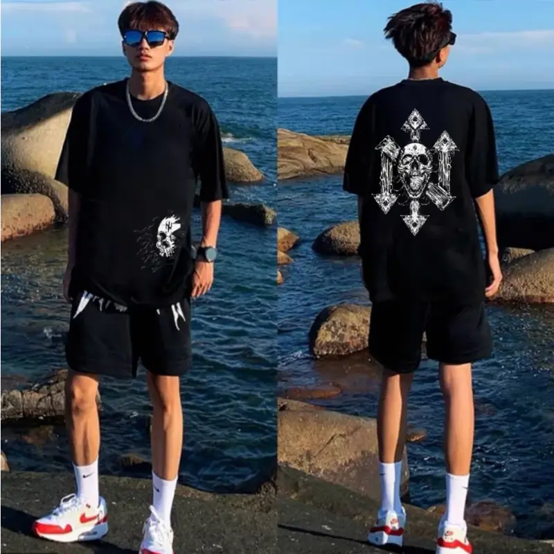 【100% Katun 20s】Skeleton T-shirt Atasan Baju Kaos Oversize Pria Hitam Dewasa Distro Lengan Pendek Keren Premium Street Style Round Neck C084 Motif Cowok Santai 6