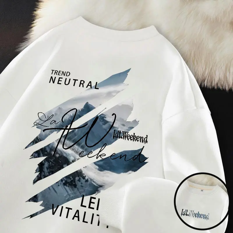 J000469 Hoodie wanita sweater hoodie leher bulat wanita / Cetakan retro Amerika / sweater gaya kebesaran kasual modis  crewneck cewek aesthetic