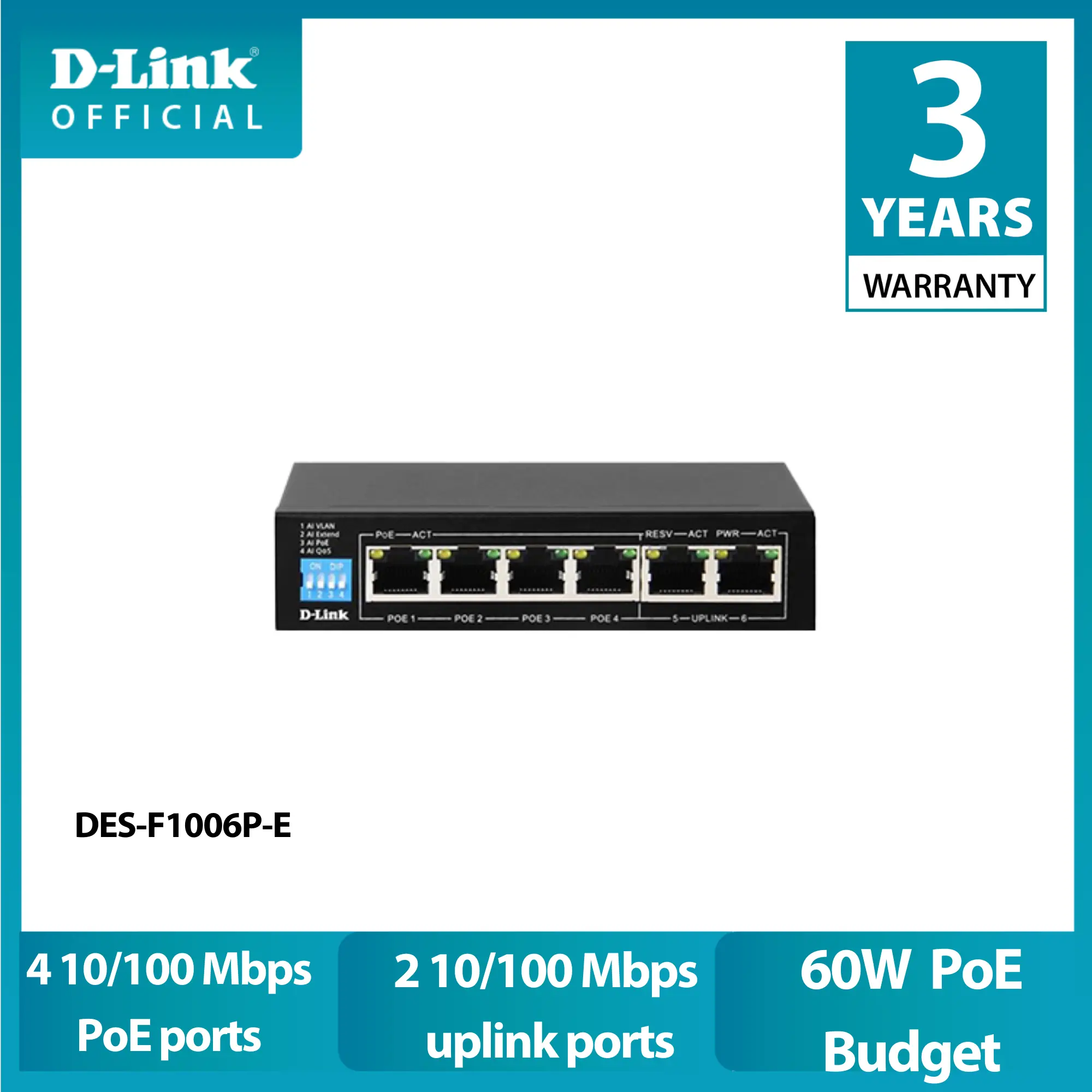 D-Link DES-F1006P-E 250Meter (250M) 6 Port Network Switch with 4 POE Ports and 2 Uplink Ports POE Power 60W