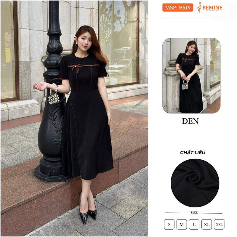 Đầm thiết kế BEMINE cổ tròn chạy viền đính nơ dáng chữ A phù hợp đi làm-B619