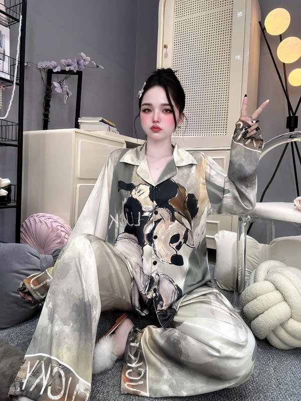  Đồ Bộ Pijama Nữ Lụa Latin Tơ Tằm Thoáng Mát Tay Ngắn Và Tay Dài Quần Dài Họa Tiết Chuột Xám  Size 45-60kg và 61-75kg  Có Bigsize Nhung Women 