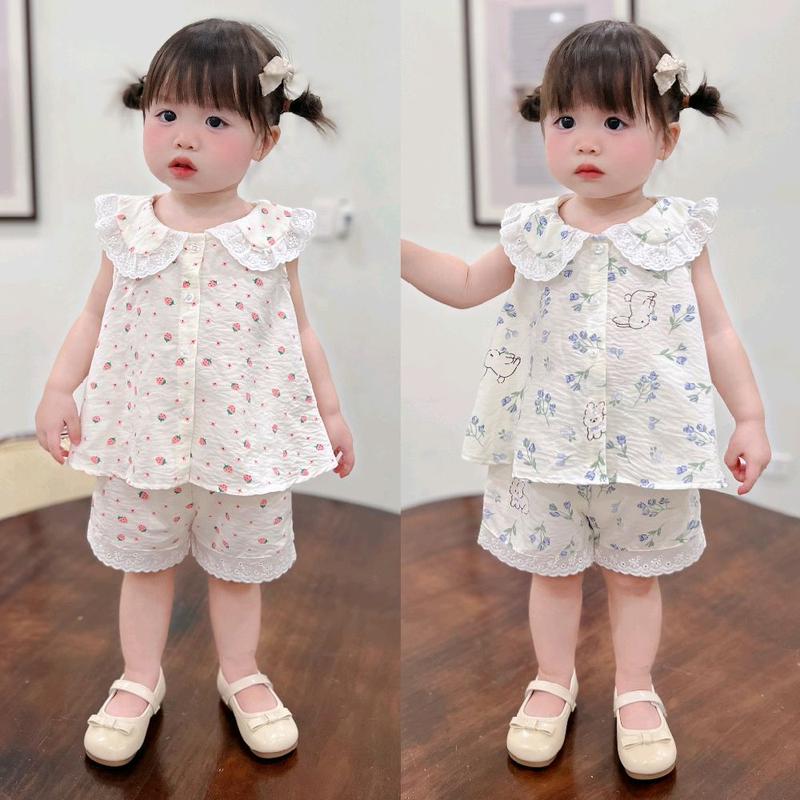 [Nhasockids] Bộ quần áo SÁT NÁCH mùa hè cho bé, thiết kế CỔ SEN phối quần ren xinh xắn, tông màu tươi sáng. Chất liệu mềm mát.