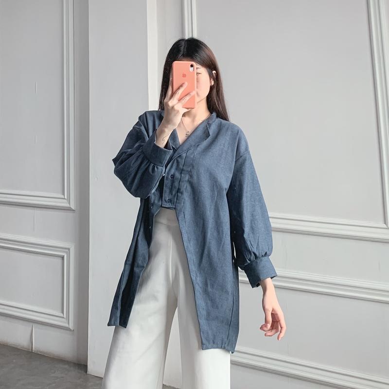 (Posy) Atasan Wanita Plain Hoppy Blouse Bahan Katun Denim Kemeja Polos Wanita Kancing 9