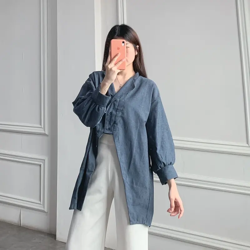 (Posy) Atasan Wanita Plain Hoppy Blouse Bahan Katun Denim Kemeja Polos Wanita Kancing 8