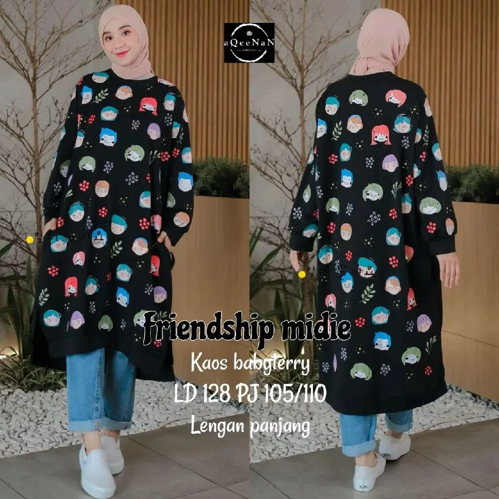 kaos TUNIK babyterry FRIENDSHIP Ld. 128-130 Pj. 105/110cm Wanita Panjang Nyaman Muslim