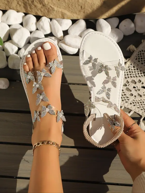 Women's Fashionable Butterfly Decorated Slide Sandals, Casual Comfortable Flat Sandals for Summer, Lightweight Breathable Shoes for Daily Wear, Girl Rhinestone Sandals 3