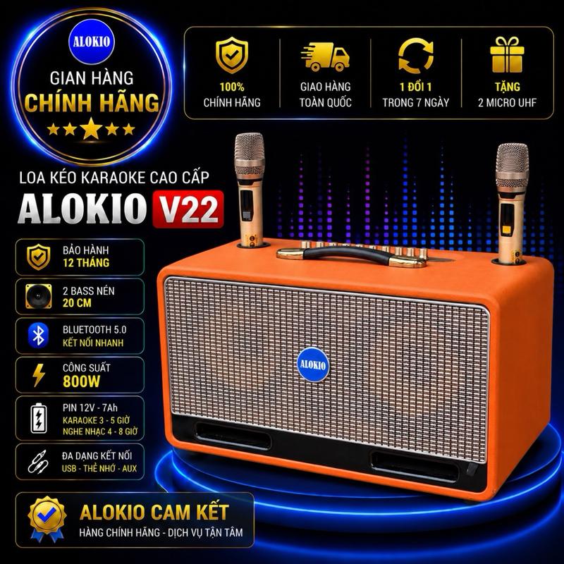 Loa Xách Tay Cao Cấp V22. Hãy Kiểm Tra Đúng Thương Hiệu ALOKIO Tặng Kèm 2 Micro UHF Không Dây - Karaoke Bluetooth