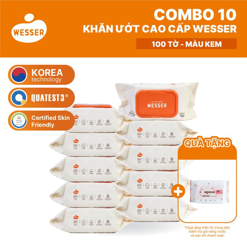Combo 10 gói khăn ướt cao cấp Wesser 100 tờ - màu Kem