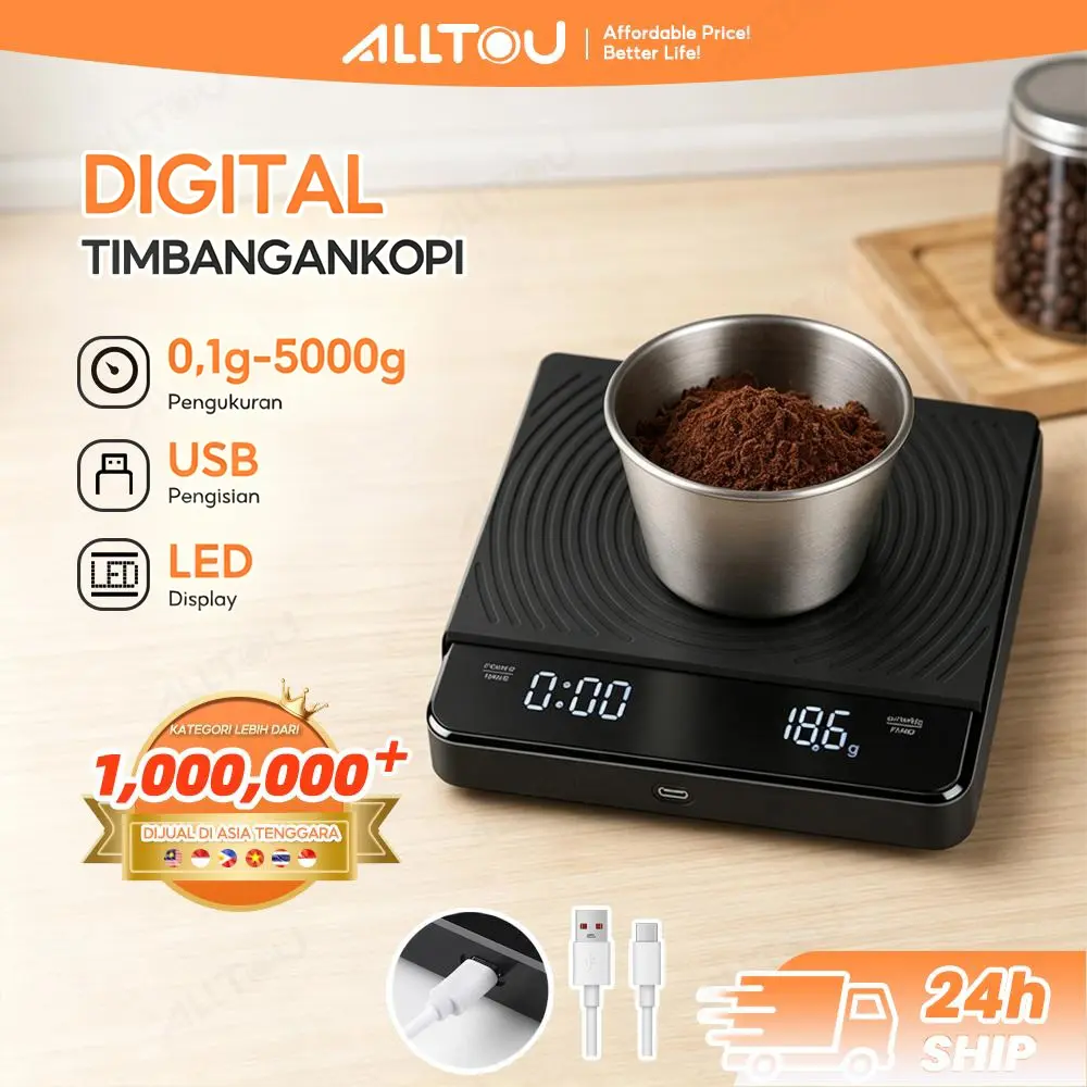 【Best Seller】ALLTOU Timbangan Dapur Digital 5KG 0.1GR Timbangan Kopi Digital Coffee Scale dengan Antarmuka USB & Layar LED Kitchenware Garansi 1 Tahun