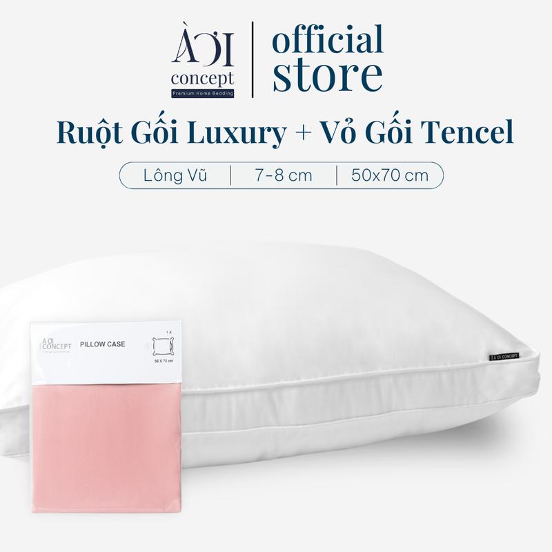 Ruột Gối Gòn Lông Vũ Luxury 2 Viền 50x70cm & Vỏ Gối Lụa Tencel 60s Cao Cấp AOICONCEPT – Gối Êm Ái, Thoáng Khí, Giảm Đau Cổ Vai, Giấc Ngủ Sâu