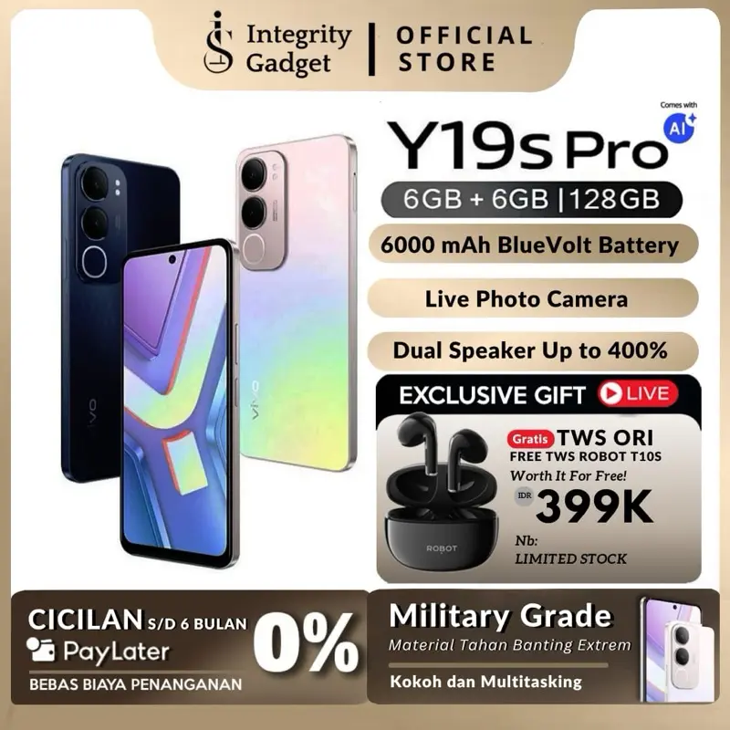 NEW VIVO Y19s PRO 6+6/128 NEW ORIGINAL Resmi 12 Bulan [Military Grade] Hp Terbaru 6000 mAh Baterai Bluetooth Camera 50Mp Speakers Layar 6.68 Inch Handphone Chipset 0