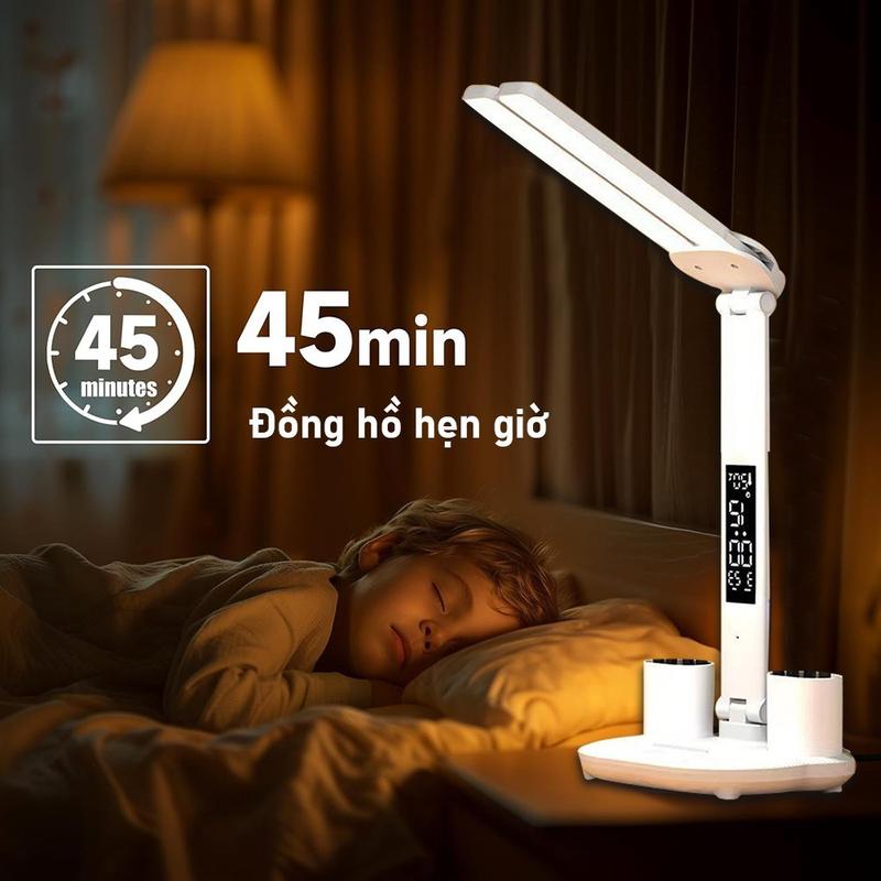Đèn LED Để Bàn Đa Năng, Đèn Học Để Bàn Chống Cận Cao Cấp Với 3 Màu Sáng Và Đồng Hồ LCD Sắc Nét HOT