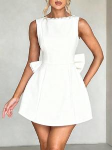 Vestido elegante sin mangas y espalda descubierta para mujer, con lazo en el cuello y decoración de perlas, vestido corto ajustado con frunces, ideal para fiestas casuales