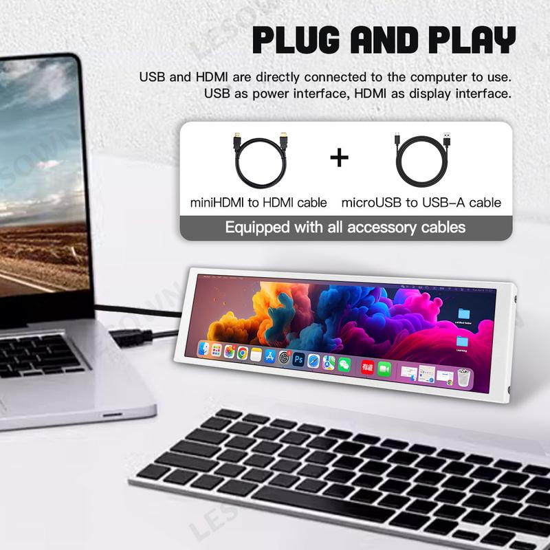 Product Introduction of LESOWN 7.9 inch 400x1280 IPS Bar LCD HDMI Wide Display Touch 500Nits High brightness 7.84 Long Stretched Secondary Monitor White 2
