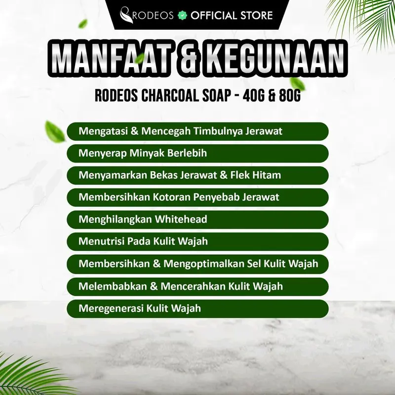 Rodeos Charcoal Soap 80g - Pencuci wajah, Facial Wash, sabun Jerawat, membersihkan kotoran, mencerahkan, Berminyak, Kering, Flek Hitam, Kusam, Bopeng, Komedo, Berjerawat, Pencerah Muka, Perawatan wajah Cleanser, Pria & Wanita, BPOM Halal 2