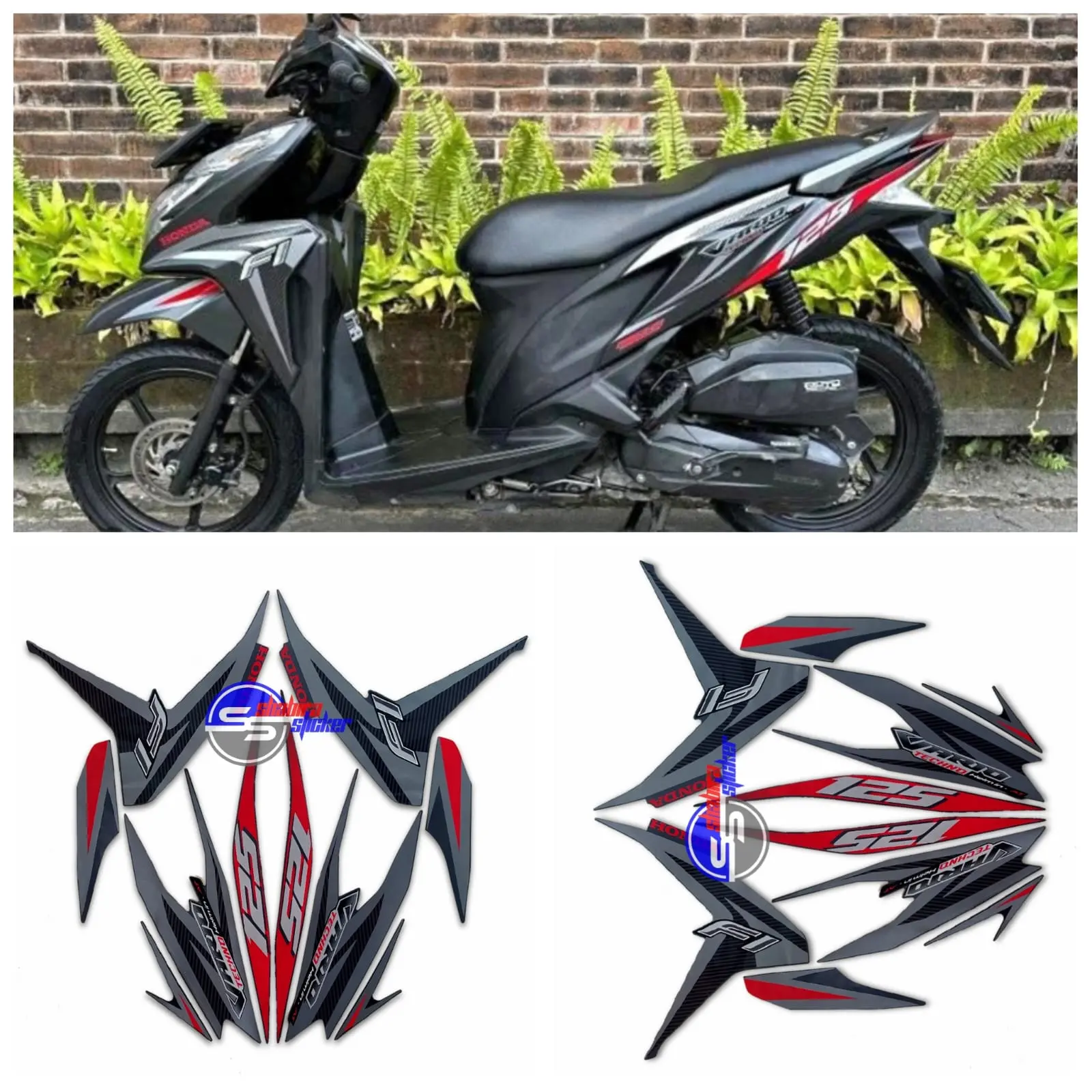 Striping Stiker Motor Honda Vario Techno / Vario KZR 125 Fi 2013 Hitam Merah Fullset Motorcycle