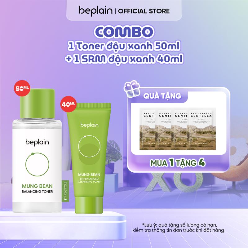 [LS][TTặng 4 sachets bất kỳ] COMBO TRAVELSIZE BEPLAIN 01 Sữa rửa mặt Mung Bean pH-Balanced Cleansing Foam 40ml + 01 Nước hoa hồng Mung Bean Balancing Toner 50ml