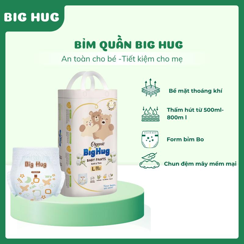 Bao Bì Big Hug :  Combo 100 Bỉm quần / Tã Dán Big Hug (2 bịch )- Chun Đệm mây- Mỏng 2mm. Đủ size M Đến 3XL