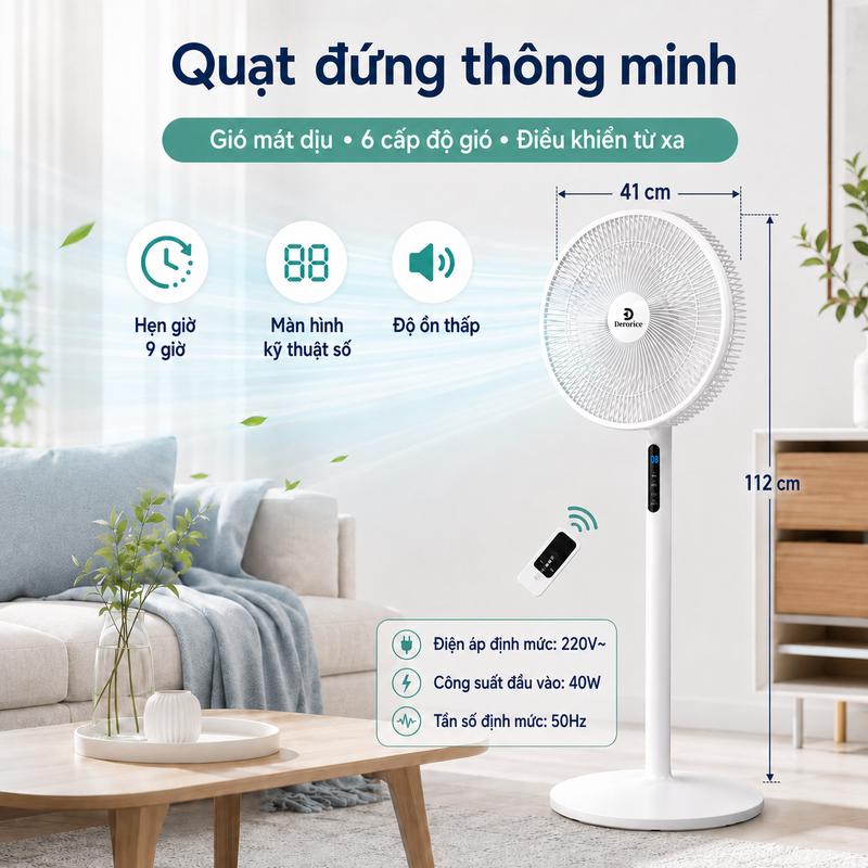 Quạt thông minh điều khiển từ xa, Quạt đứng cỡ lớn, 6 cấp độ gió, hẹn giờ 9H,…