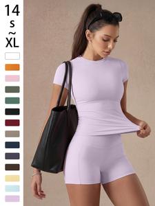 Conjunto de color sólido para mujer, top tipo camiseta básico y versátil, shorts deportivos de moda multiusos que realzan la cintura y levantan los glúteos, yoga y fitness