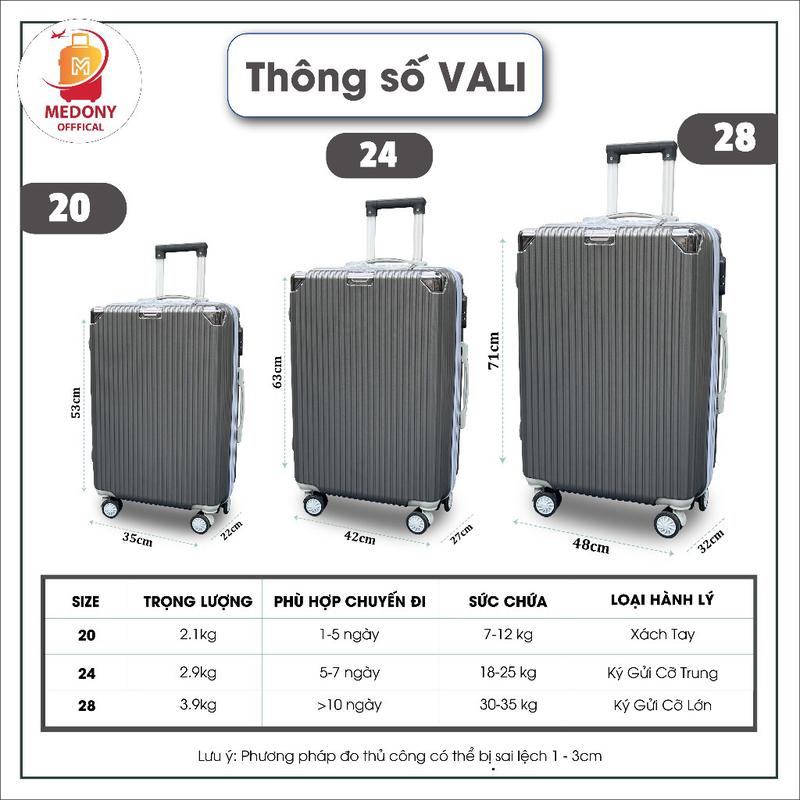 RẺ NHẤT SÀI GÒN Vali Du Lịch MEDONY TK07 – Size 20/24/28, Vali Kéo Cao Cấp, Bảo Hành 5 Năm, 1 Đổi 1 Trong 30 Ngày