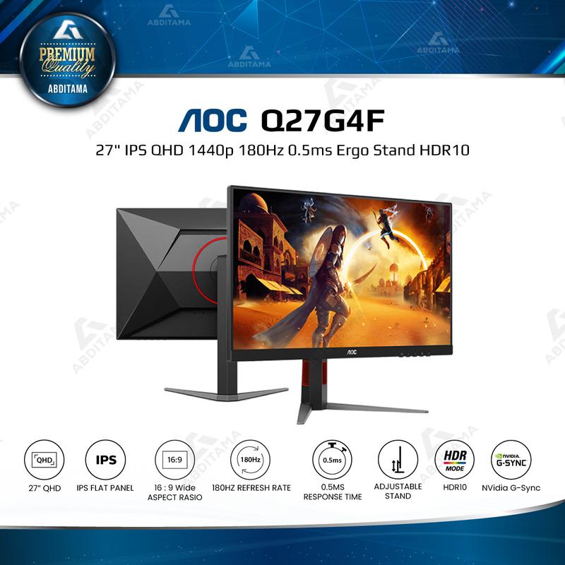 Monitor LED AOC Q27G4F 27" Ultra-Fast IPS QHD 1440p 180Hz 0.5ms HDMI 2.0 x1 DP 1.4 x1 Ergonomic Stand HDR10 Enjoy tear-free, lag-free gaming at the highest level 1