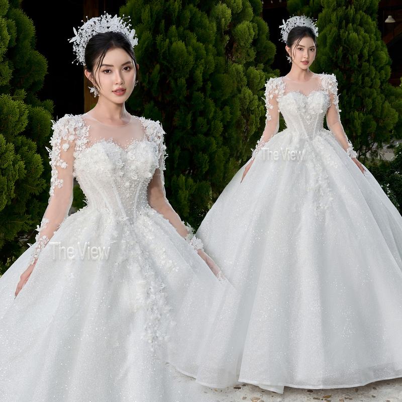 Tặng tùng Váy cưới trắng dài tay che phủ tốt from Luxury mặc đứng cổng chất liệu ren bling 385
