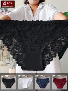 Bragas de talla grande suaves para piel sensible - encaje floral transpirable, forro antibacteriano calmante, corte bajo sin costuras para mayor comodidad (paquete de 4)