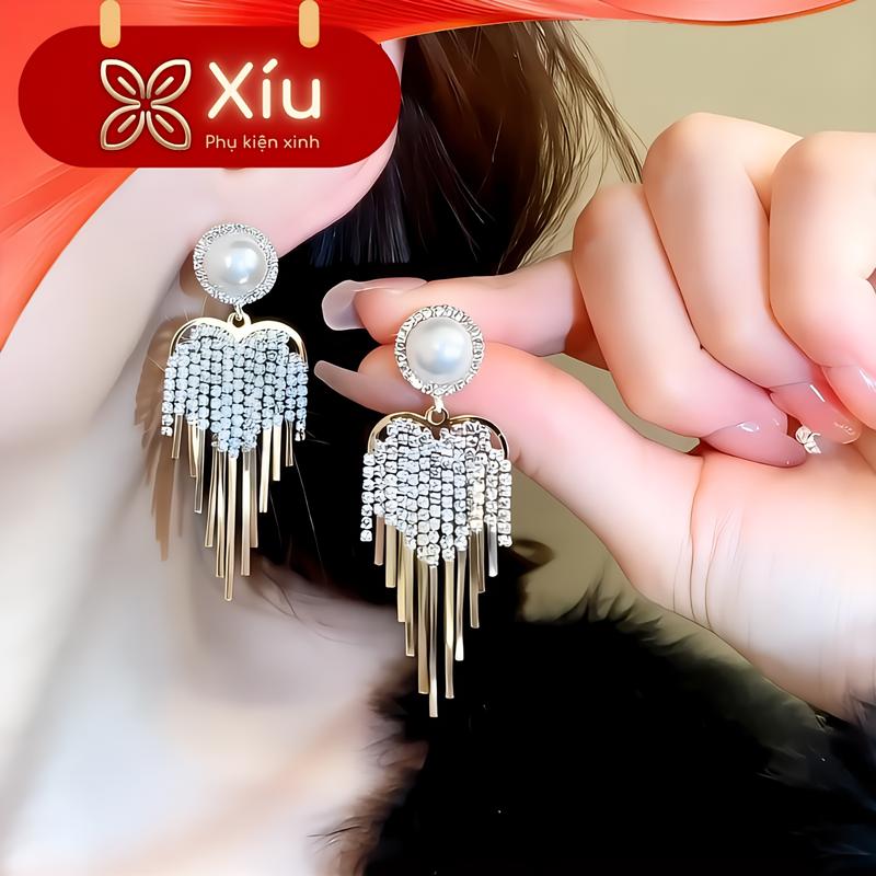 Khuyên tai dáng thả trái tim đính đá lấp lánh - phong cách dịu dàng, sang trọng đi tiệc, hẹn hò - tặng hộp - mã C918