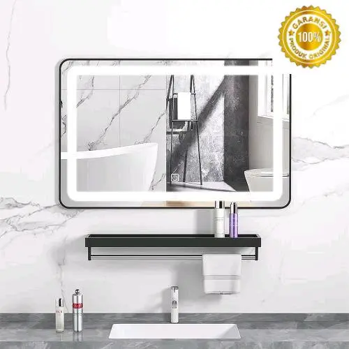 PREMIUM Cermin Kaca Lampu LED Vertikal/Horizontal Bathroom Shelving Dengan Ambalan Rak Gantungan Handuk 60x80 Cm - Black