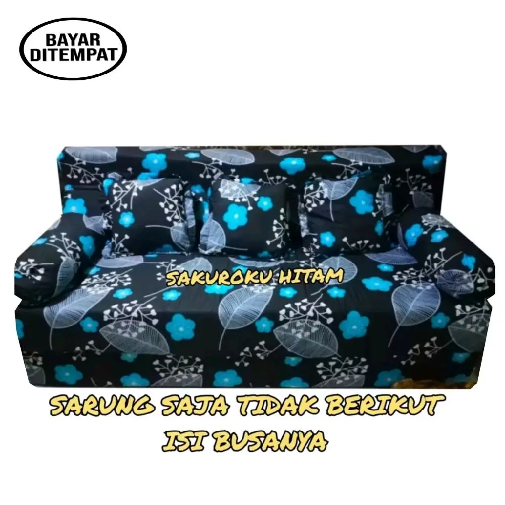 Sakuraku Hitam Sarung Caver Kasur Sofabed Setiling Busa Safabed Berseliting Tebal 20cm Motif Bunga Hitam Biru sarung pengganti