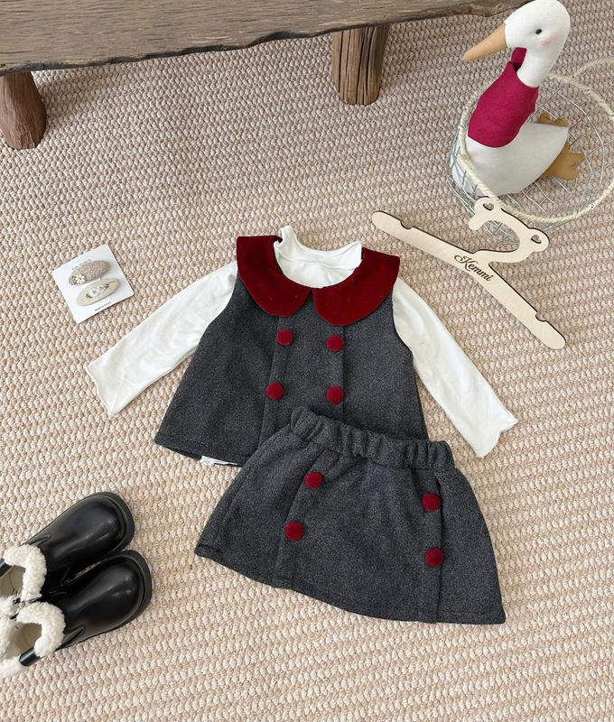   PT  Set váy cho bé gái 3 ct áo + váy + yếm ngoài chất áo tăm váy dạ màu xám  nhận đặt theo yêu cầu   