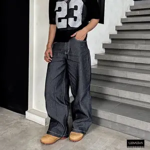 Liemidas Celana Baggy Y2K Black Denim 13,5 Oz Wideleg Jeans Panjang Hitam