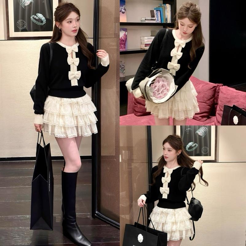  Set áo váy nữ tiểu thư xoè bồng áo đầm tiểu thư đính nơ và chân váy xoè công chúa set váy mùa đông Dilyshop - AV131 