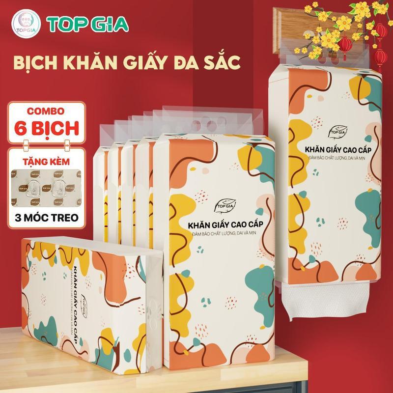 Combo 6 Bịch Khăn Giấy Rút Đa Sắc Treo Tường TOP GIA (Tặng 3 Móc Treo Tường) Giấy Ăn, Giấy Vệ Sinh hằng du mục giay andasac giay rut tam mao tv giấy ăn cao cấp topgia