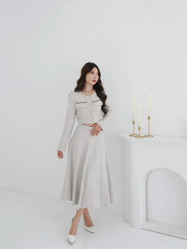 DOHEE TWEED ONE SET PREMIUM | SETELAN WANITA KOREAN STYLE LONGSLEEVE TOP AND MIDI SKIRT - OS381 1