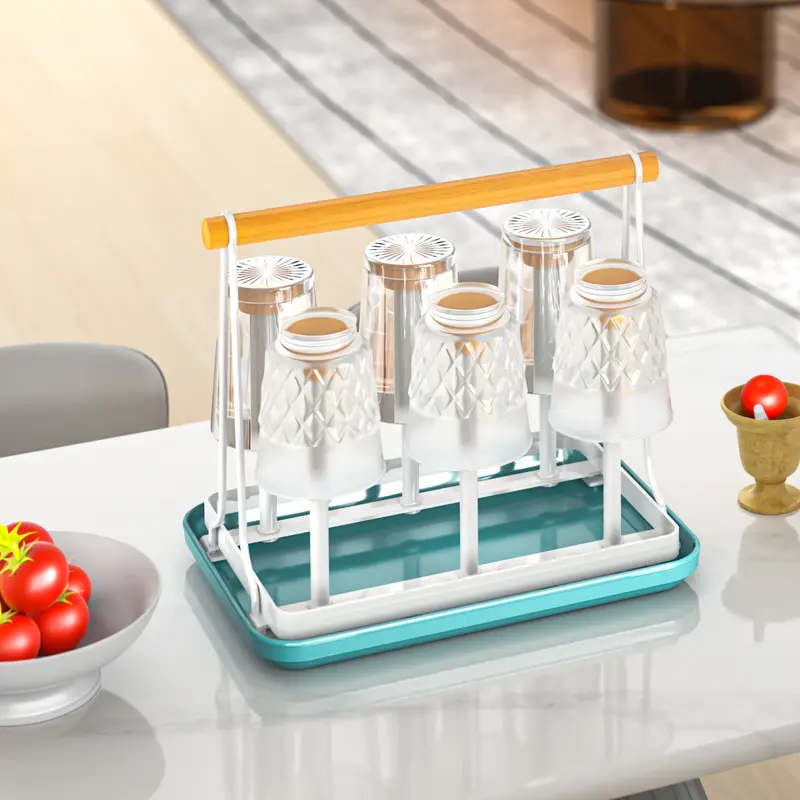 Wooden portable drain cup rack coffee cup tea cup water cup with tray wrought iron cup rack desktop storage shelf living room kitchen cup storage rack Christmas gift Organiser