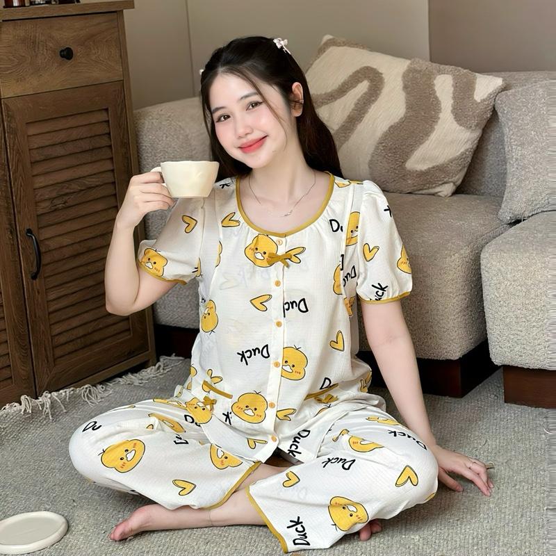 Đồ bộ bầu C3 DÀI XỐP CỔ VIỀN NƠ tay cộc chất xốp Hàn nhẹ mát có thiết kế bé ti và lưng chun điều chỉnh.