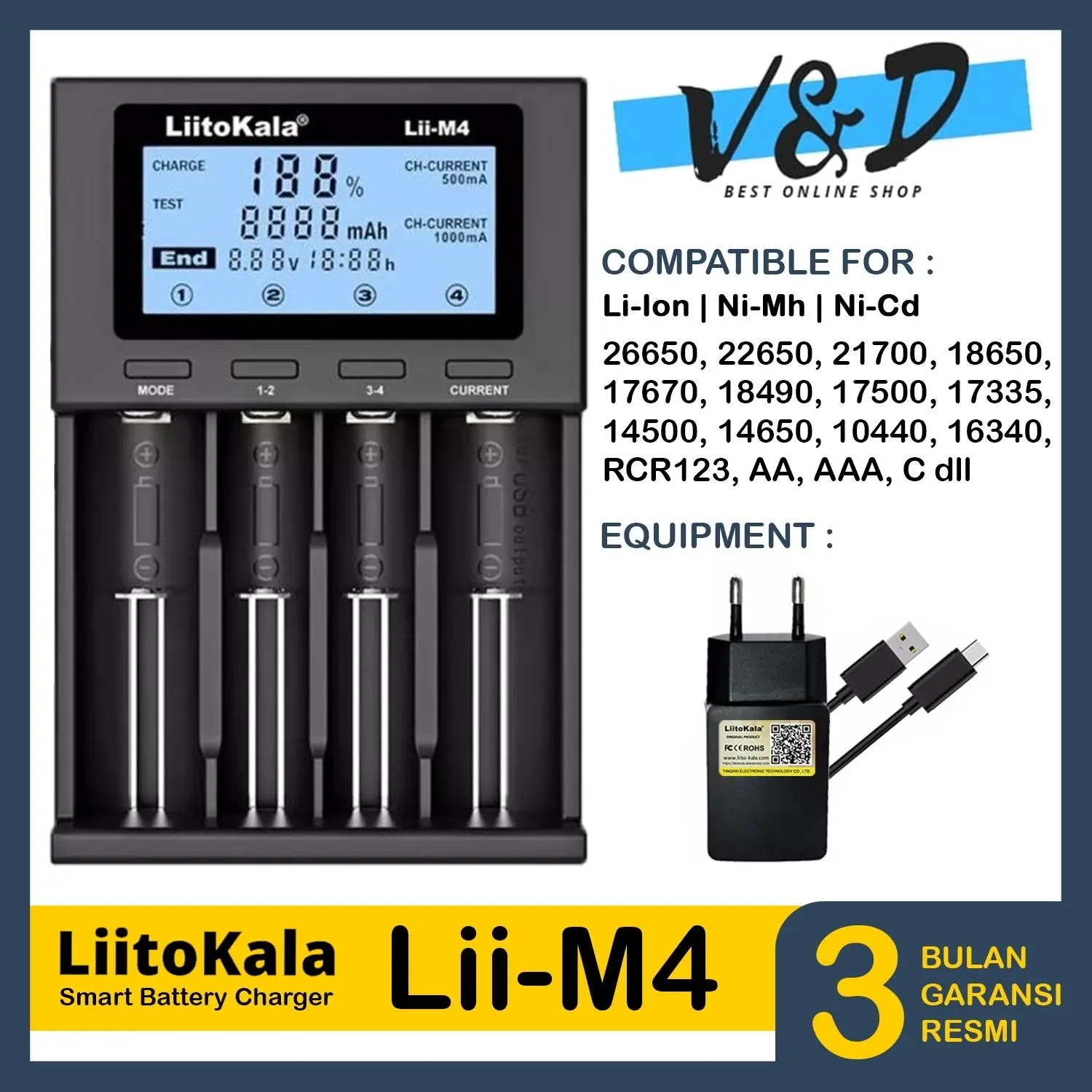 Charger Baterai LiitoKala Lii M4 Original Fullset - Pengisian Baterai Otomatis dengan 4 Slot Smart Battery