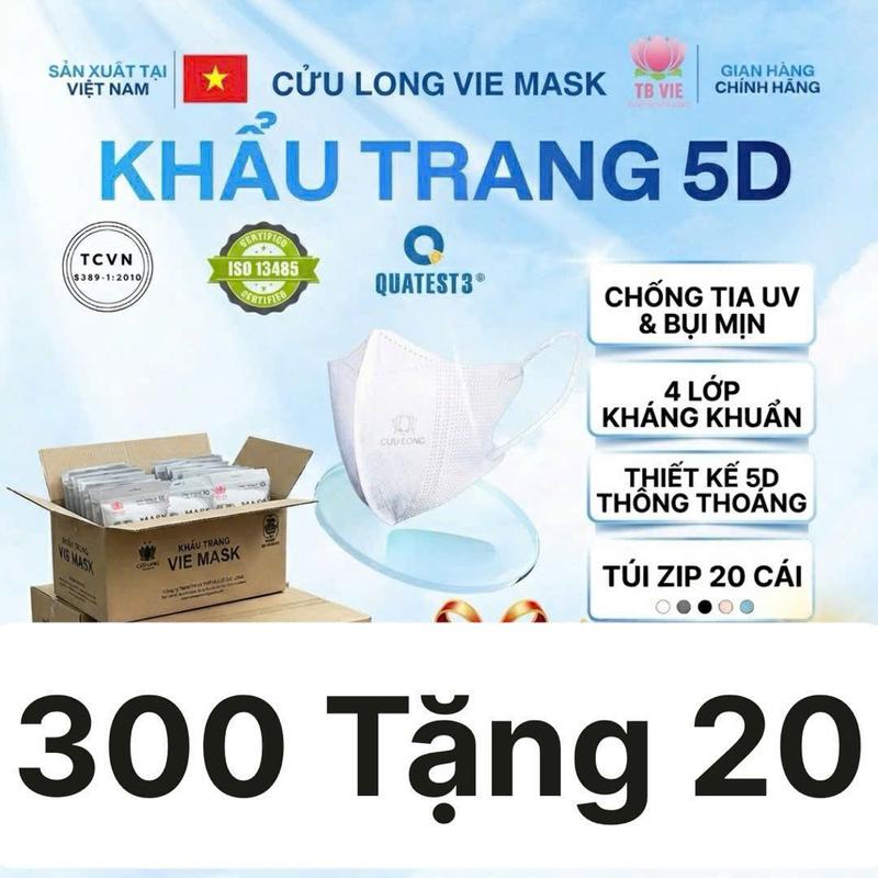 4 LỚP 300c TẶNG 20c 5D TBVIE MASK - Khẩu Trang 5D 4 Lớp Kháng Khuẩn Cửu Long -Túi Zip 20 Chiếc - Màu Sắc Đa Dạng