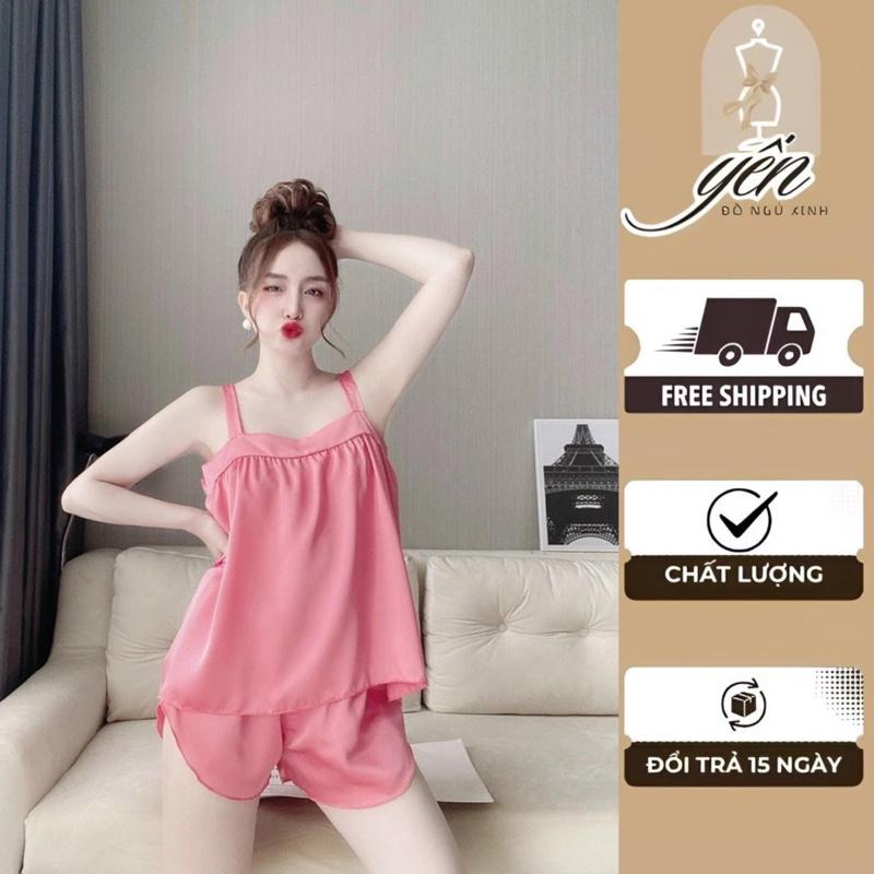 Đồ bộ, đồ ngủ nữ chất liệu lụa satin cao cấp, áo hai dây bản to kèm quần đùi mặc nhà đẹp mùa hè thoáng mát, dễ thương, sexy