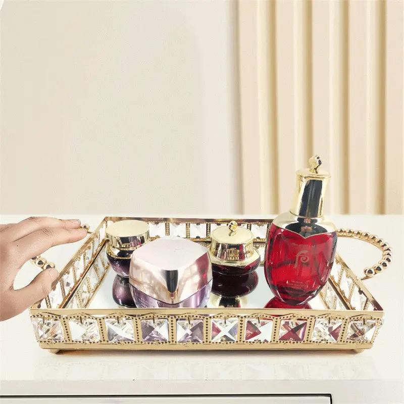 Nampan Kaca Kristal Gold Gagang Diamond Europe Gold Tray / Pajangan Nampan / Dekorasi Home Decoration Kitchenware 2