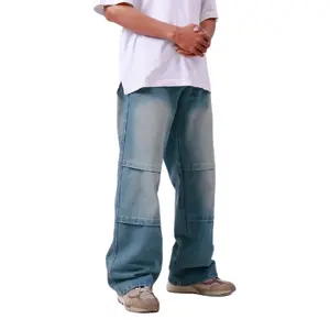 YSPANTS - CELANA BAGGY JEANS WIDE LEG BIOBLEACH WHISKER STRIP Biru Nyaman Panjang