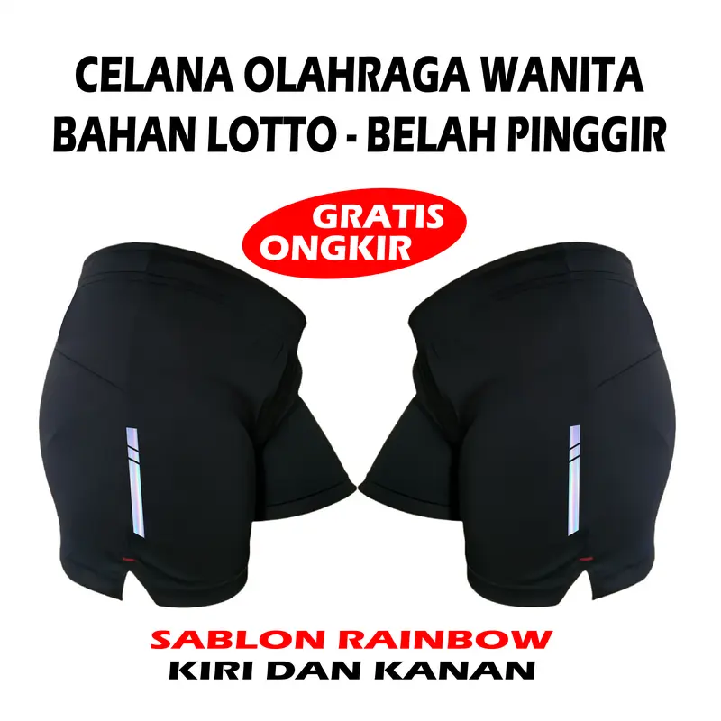 Celana Pendek Sport Olahraga Wanita Bahan Lotto Belah Pinggir Sablon Warna Rainbow 0