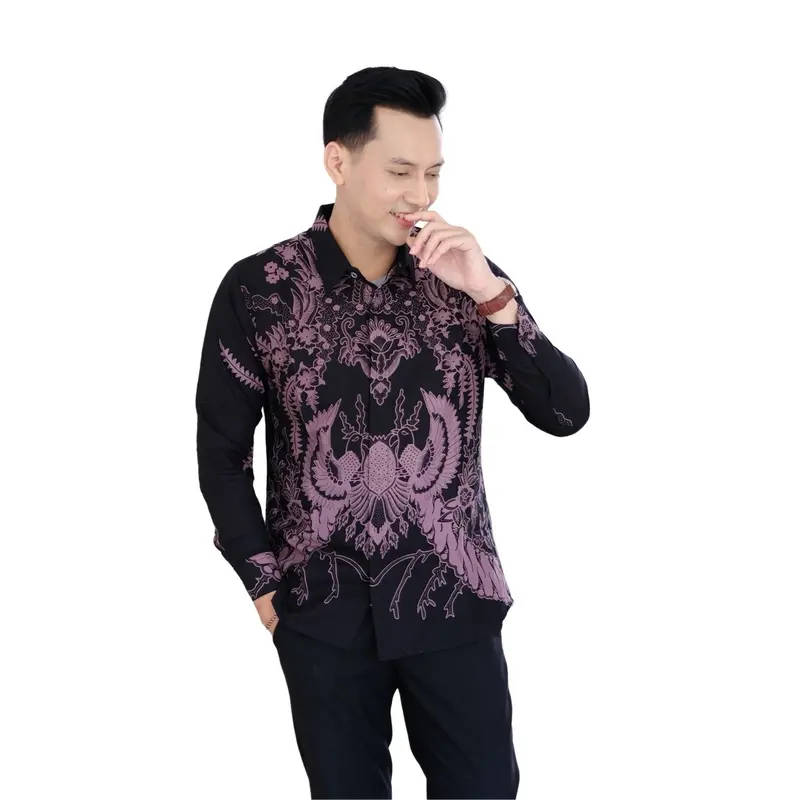 Kemeja batik solo premium slimfit lapis furing kombinasi warna ungu taro hitam bahan katun halus Pria 3