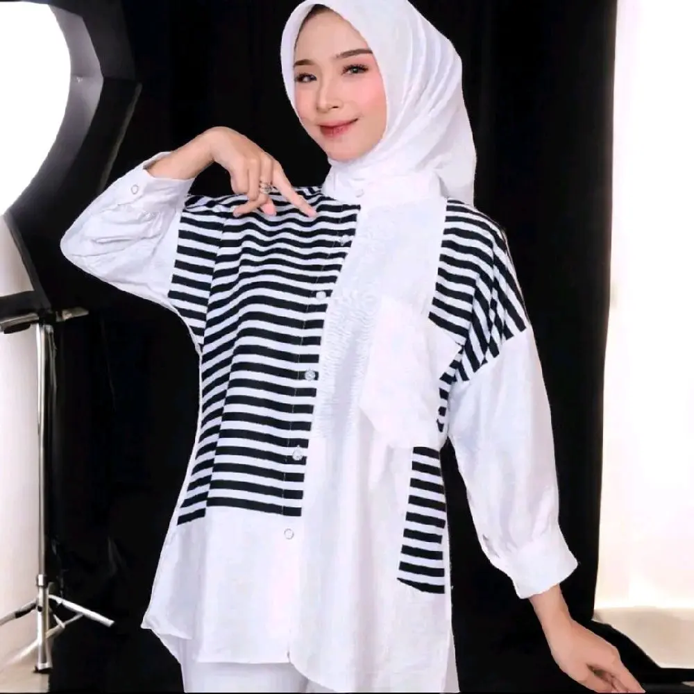 Kemeja Wanita Import Bangkok 2025 Kombinasi Oversize Hitam Formal Garis-Garis - Motif, Linen, Panjang, Stripe, Kancing, Katun, Dress, Nyaman, Kain, Baju