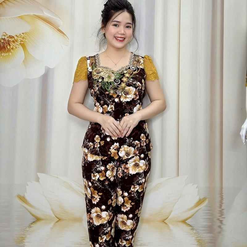 B66 Đồ Bộ Nữ Trung Niên Thun Tơ Hoa Cao Cấp Cổ Năm Góc Thêu Phối Tay Ren Màu thương hiệu Hải Sơn