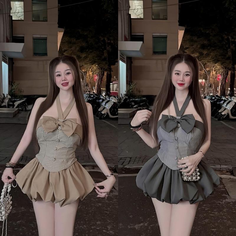 Set Đồ Nữ Sang Chảnh | Áo Yếm Quây Mặc 2 Kiểu Mix Chân Váy Bí Bồng Có Quần Bảo Hộ Đi Tiệc KAZYDRESS_S258