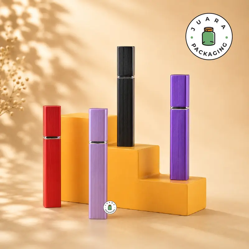 Botol Parfum Spray 10ml – Wadah Aluminium Warna Warni dengan Motif Garis & Spray Silver, Botol Kaca Mini Isi Ulang untuk Travel Perfume, Sample Parfum, Pocket Spray 10 ml