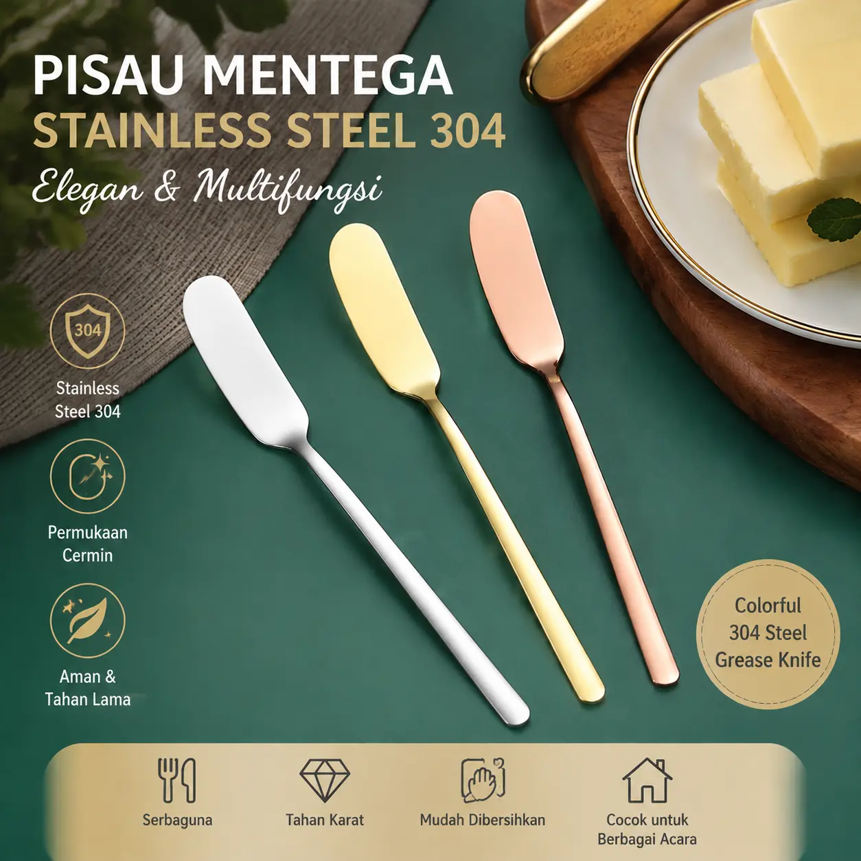 【artheni】Pisau Mentega Stainless Steel 304, Pisau Selai Krim Multifungsi untuk Dekorasi Makanan Restoran Hotel, Alat Oles Roti Anti Karat Tahan Lama